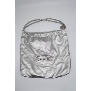 Chanel Metallic Calfskin Leather Quilted 22 Chain Hobo Tote Bag Silver